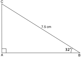 En rettvinklet trekant ABC med vinklen B lik 32 grader og hypotenusen BC lik 7.5 cm
